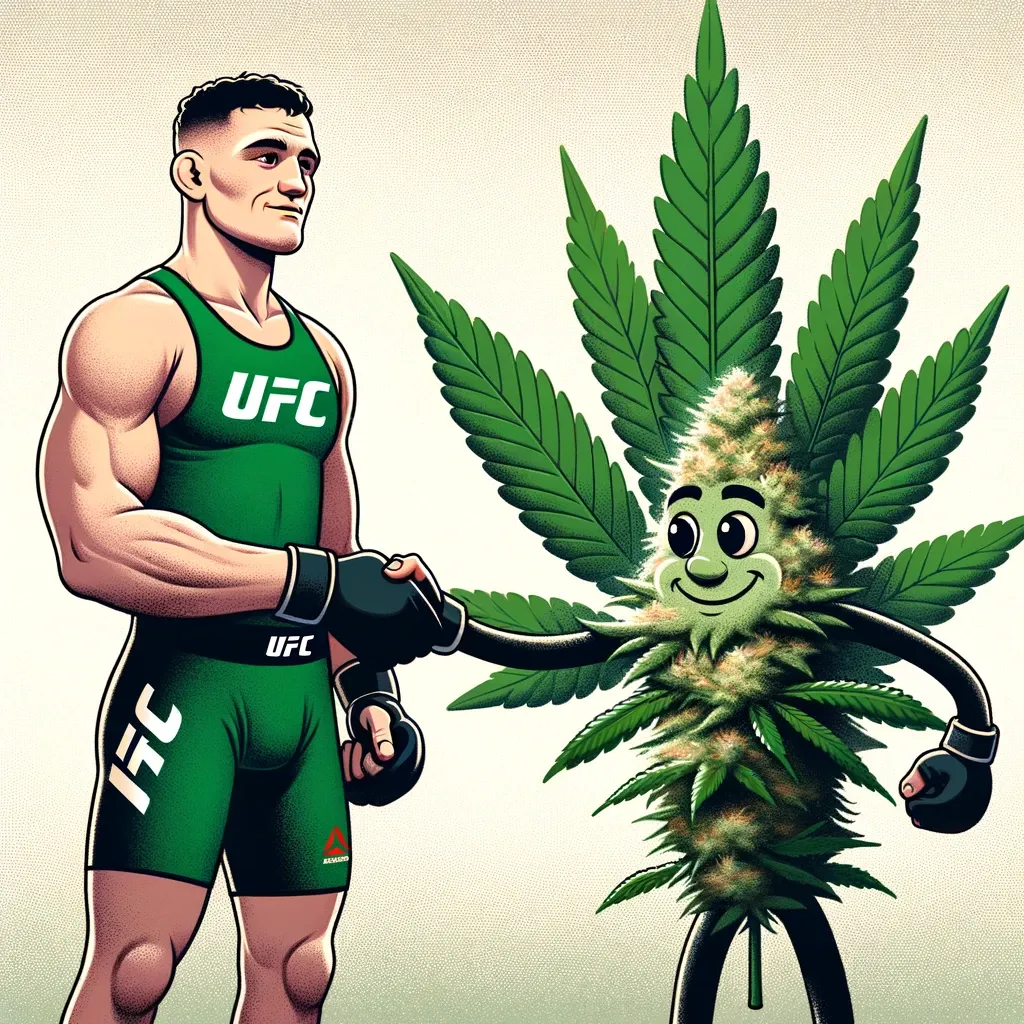 Caricatura de un luchador de la UFC estrechando la mano de una flor de cannabis, arte digital