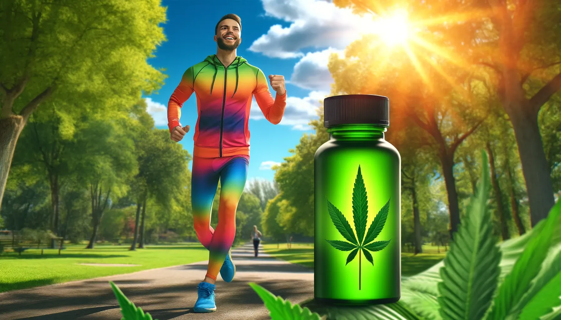 Hombre joven corriendo al aire libre, consumidor de cannabis