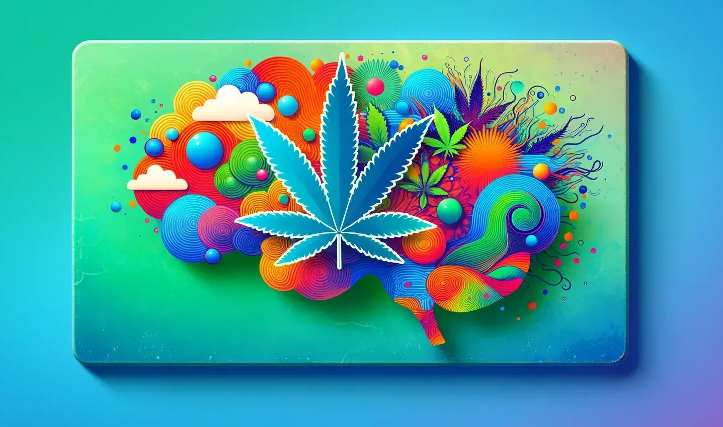 Cuadro con colores llamativos que ilustra una imágen de un cerebro con una hoja de cannabis encima