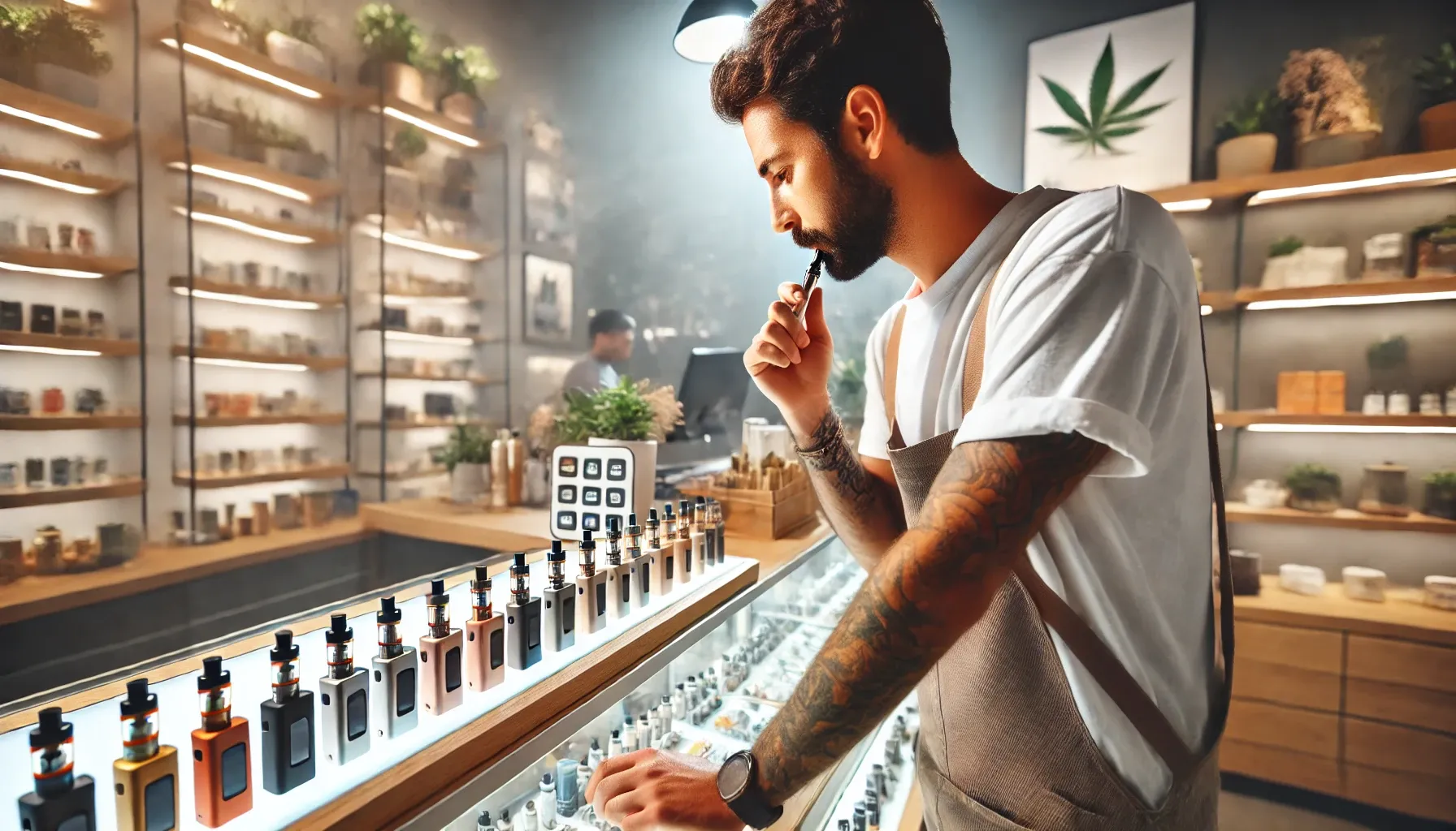 Joven en dispensario de cannabis pensando qué producto comprar